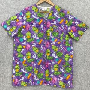 Peaches Scrub Top Womens Medium Purple Nursing Vet Medical Uniform Short Sleeve